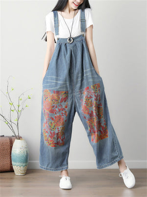 Fashion Loose Printed Denim Jumpsuits