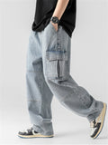 Vintage Spring New Male Washed Pockets Drawstring Jeans