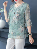 V-neck Floral Loose Chiffon Shirts