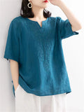 V-neck Embroidery Linen Shirts