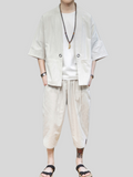 Cotton Linen 3/4 Sleeve Cropped Pants Male Outfits