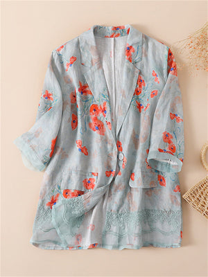 Retro Printed Cotton Linen Jackets Coat