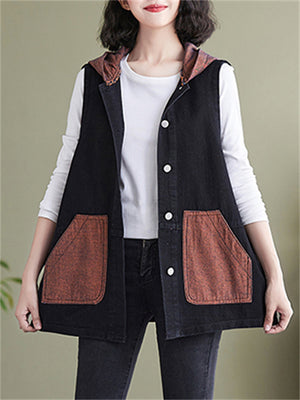 Spring Autumn Female Sleeveless Original Loose Vest Hooded Jackets