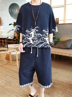 Summer Linen Printed 2-Piece Set T Shirt Cropped Pants Men's Outfits