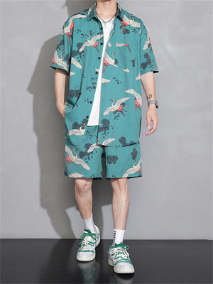 Summer Cool Crane Short Streetwear Korean Style Men's Outfits