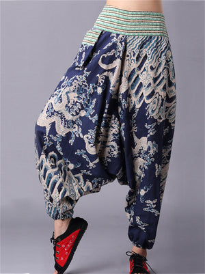 Chinese Dragon Printed Cotton Linen Harem Pants