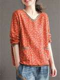 Retro Floral Printed V-Neck Pullover T-Shirts