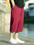 Summer Cotton Linen Male Solid Color Cropped Pants