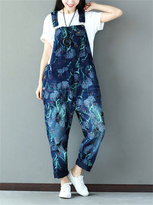 Casual Printed Pockets Denim Jumpsuits