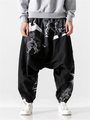 Men's Cool Cranes Printed Linen Loose Pants