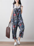 Fashion Loose Flowers Printed Denim Jumpsuits