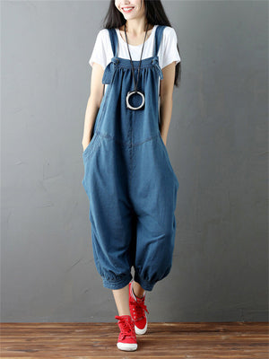 Vintage Fashion Solid Color Denim Jumpsuit