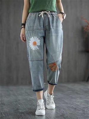 Elastic-waist Cropped Pants Embroidery Jeans