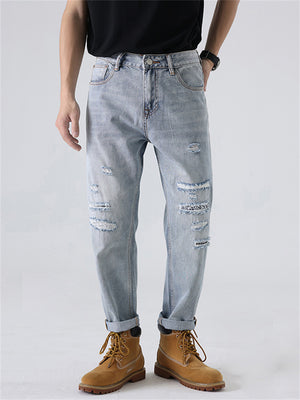 Light Blue Hole Straight Leg Simple Denim Men's Jeans