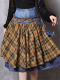 Patchwork Design Plaid Retro Denim Skirt