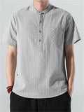 Cotton Linen Stripe Short Sleeve Shirts