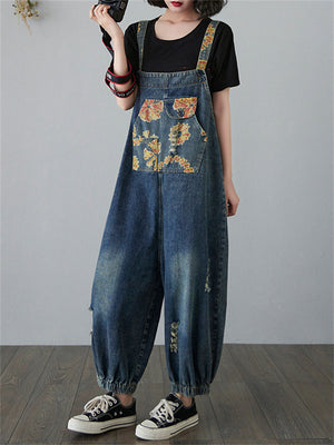 Street Classy Women's Floral Jeans Korean Style Overalls Jumpsuits