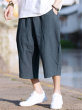 Summer Cotton Linen Male Solid Color Cropped Pants