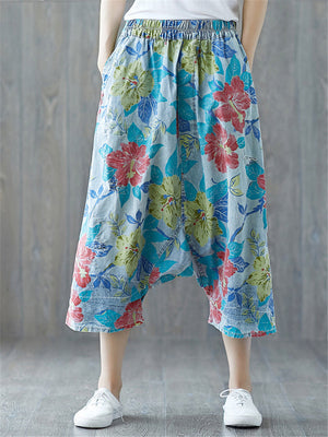 Floral Printed Elastic Waist Wide Leg Pants