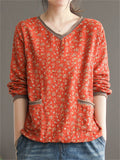 Retro Floral Printed V-Neck Pullover T-Shirts