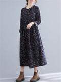 Retro Round Neck Floral Long Sleeve Dresses