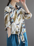 Retro Comfy Contrast Color Lapel 3/4 Sleeve Shirts