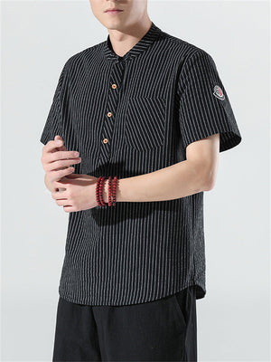 Cotton Linen Stripe Short Sleeve Shirts