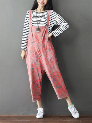 Loose Cotton Linen Printed Jumpsuits