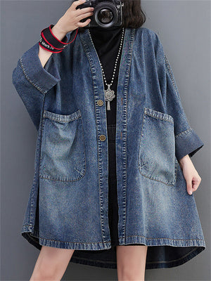 Loose Autumn Vintage Oversized V Neck Blue Denim Jackets For Ladies