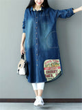 Retro Lapel Denim Long Jacket With Pocket