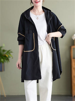 Zipper Patchwork Full Length Top Hooded Jackets For Women