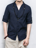 V neck Cotton Linen Solid Color Shirts