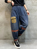 Women's Literary Old Patchwork Pockets Jeans