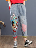 Elastic Vintage Blue Cartoon Lady Jeans