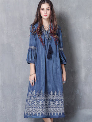 Vintage Embroidered A-Line Denim Dress