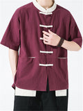 Stand Collar Patchwork Short Sleeve Shirts