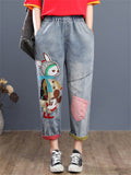 Elastic Vintage Blue Cartoon Lady Jeans