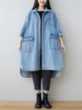 Lapel Light Blue 3/4 Sleeve Long Denim Jacket