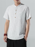 Cotton Linen Stripe Short Sleeve Shirts