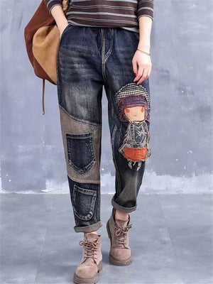 Fashion Elastic Waist Loose Cartoon Jeans