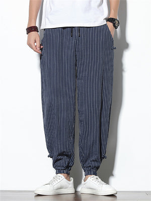 Vertical Stripe Summer Autumn Linen Casual Men's Long Pants