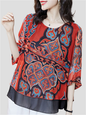 Round Neck Short Sleeve Printed Chiffon Shirts