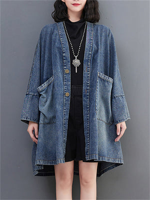 Loose Autumn Vintage Oversized V Neck Blue Denim Jackets For Ladies