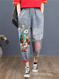 Elastic Vintage Blue Cartoon Lady Jeans