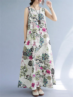 Women's Sleeveless Floral Linen Dresses