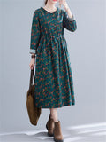 Retro Round Neck Floral Long Sleeve Dresses