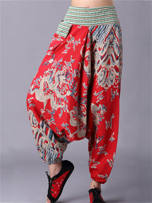 Chinese Dragon Printed Cotton Linen Harem Pants