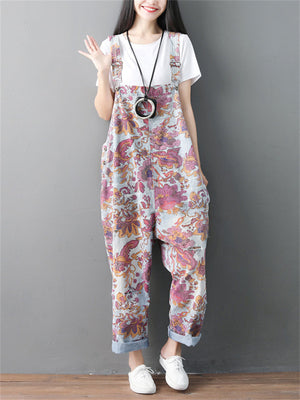 Floral Printed Ripped Denim Jumpsuits