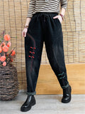 Retro Thick Embroidery Elastic-waist Jeans