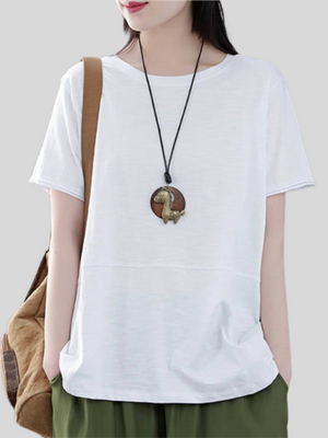 Round Neck Ladies Literary  And Artistic Pure Color Fashionable Shirts